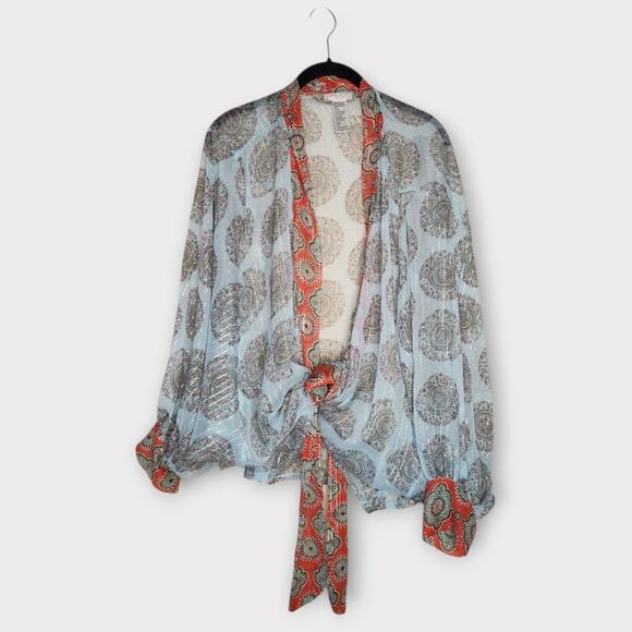 Free People Womens Kantha Shimmer Tie Front Sheer Boho Kimono O/S Festival - Picture 2 of 9